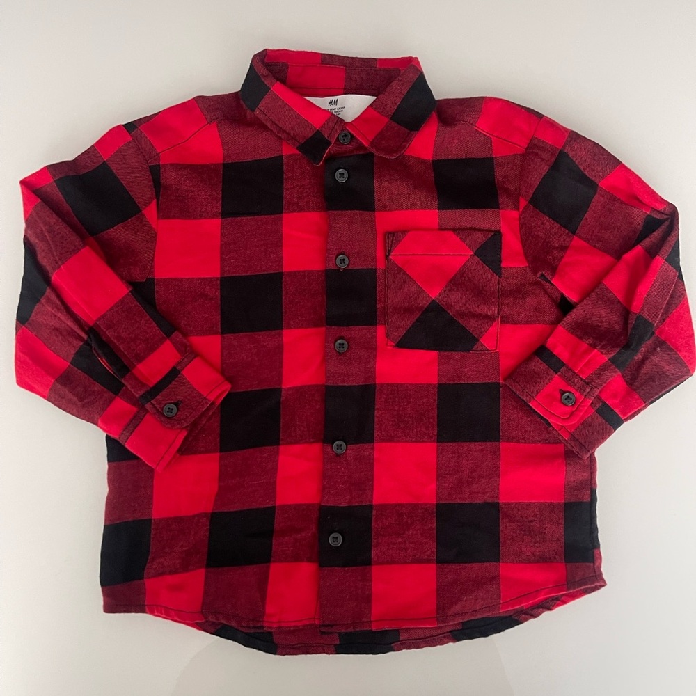 H&M Boys Plaid Shirt Long Button Down Sleeves Red/Black Size 4T